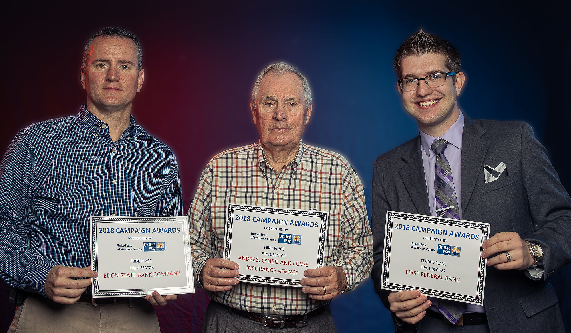 FIRE-L SECTOR 3rd Place: Allyn Luce, UW Board Member accepting on behalf of Edon State Bank Company 1st Place: Tom Herman for Andres, O'Neil and Lowe Insurance Agency 2nd Place: Matthew Brown for First Federal Bank