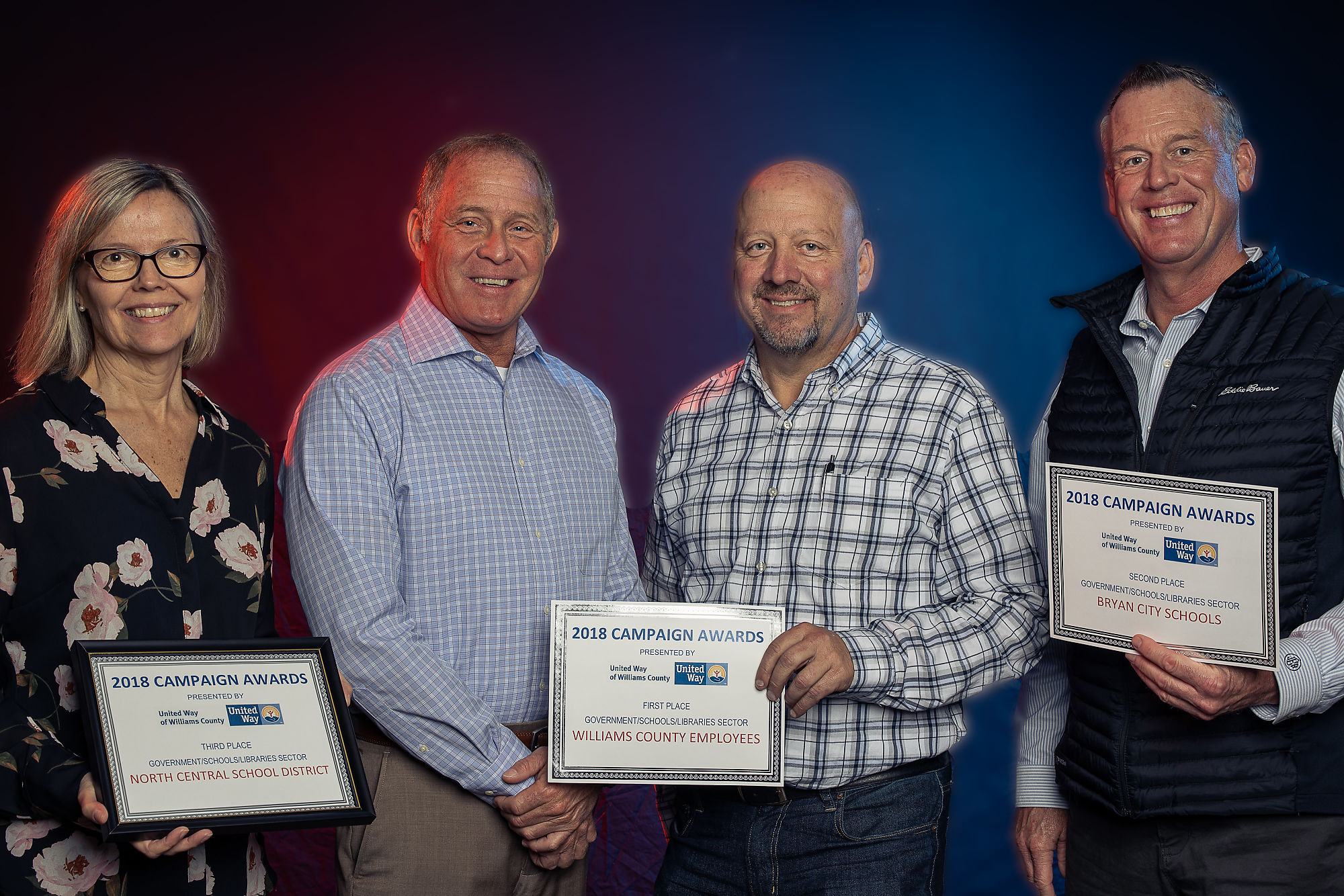 GOVERNMENT/SCHOOLS/LIBRARIES SECTOR 3rd Place: Lori Smith, UW Board Member accepting on behalf of North Central Local School District 1st Place: Brian Davis & Terry Rummel for Williams County Employees 2nd Place: Jeff Erb, UW Board member accepting on behalf of Bryan City Schools