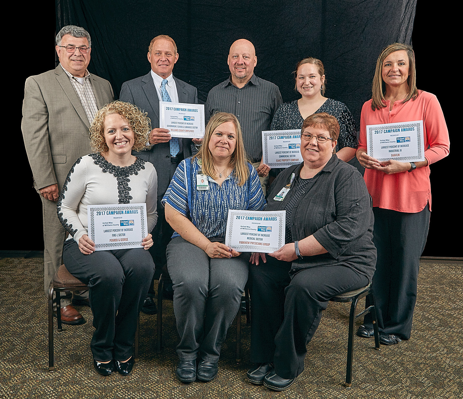 LARGEST PERCENTAGE OF INCREASE FIRE-L Sector: Natalie Smith for Penrod & George Medical Sector: Holly Geren & Jennifer Headley for Parkview Physicians Group Government/Schools/Libraries Sector: Lew Hilkert, Brian Davis, & Terry Rummel for Williams County Employees Commercial Sector: Megan Puehler, UW Board Member on behalf of Isaac Property Company Industrial III: Traci Hartman for Daavlin